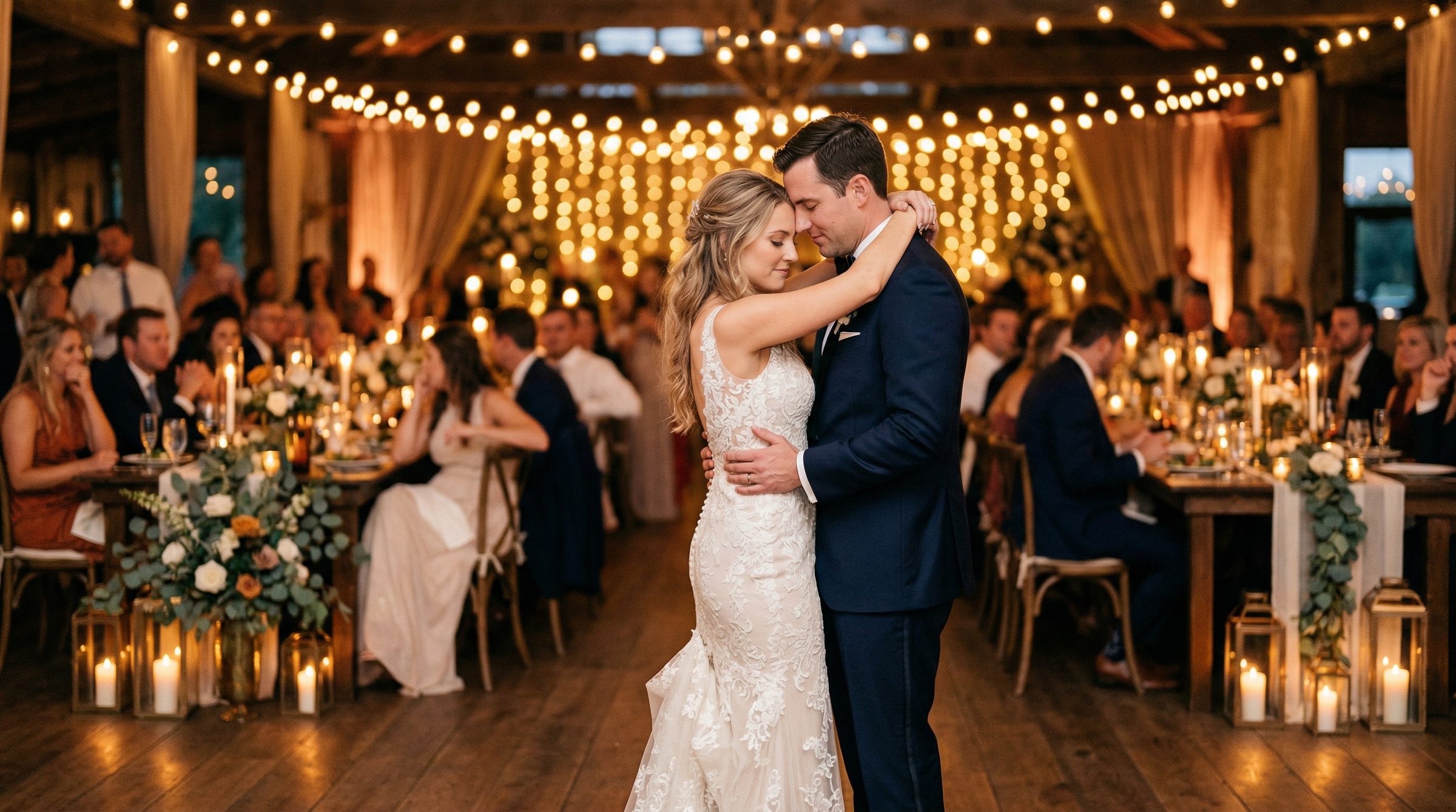 Brautpaar beim ersten Tanz in romantischer Atmosphäre mit Lichterketten