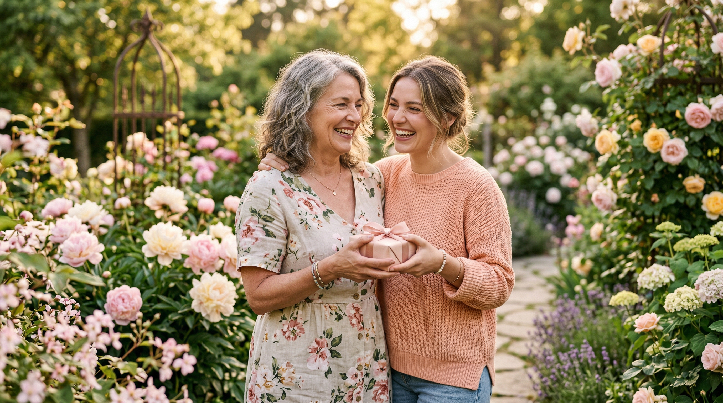 Mutter und Tochter teilen einen herzlichen Moment im Frühlingsgarten