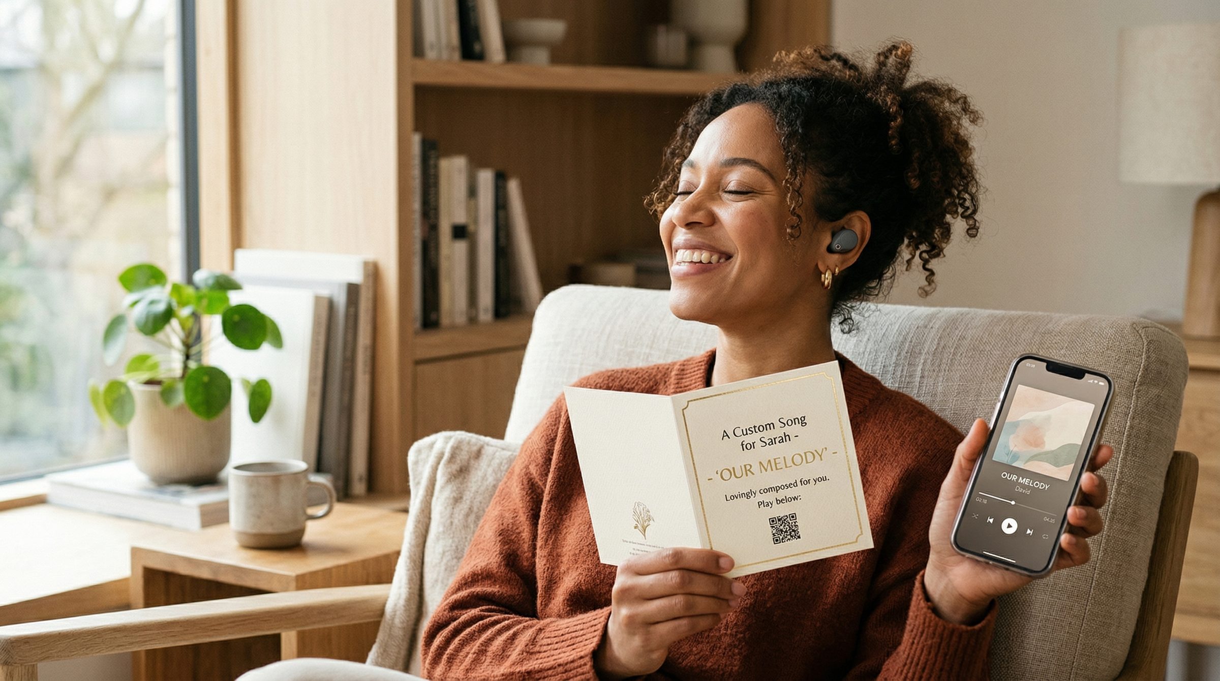 Frau hört begeistert ihren personalisierten Song über Kopfhörer