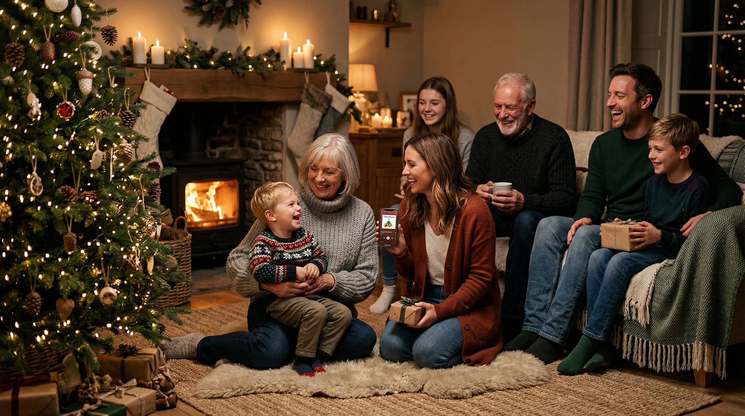 Familie feiert Weihnachten zusammen am Kamin mit Tannenbaum