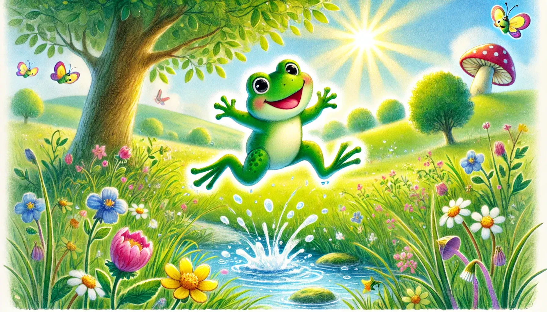 Illustration eines kleinen Frosches der über den Teich hüpft