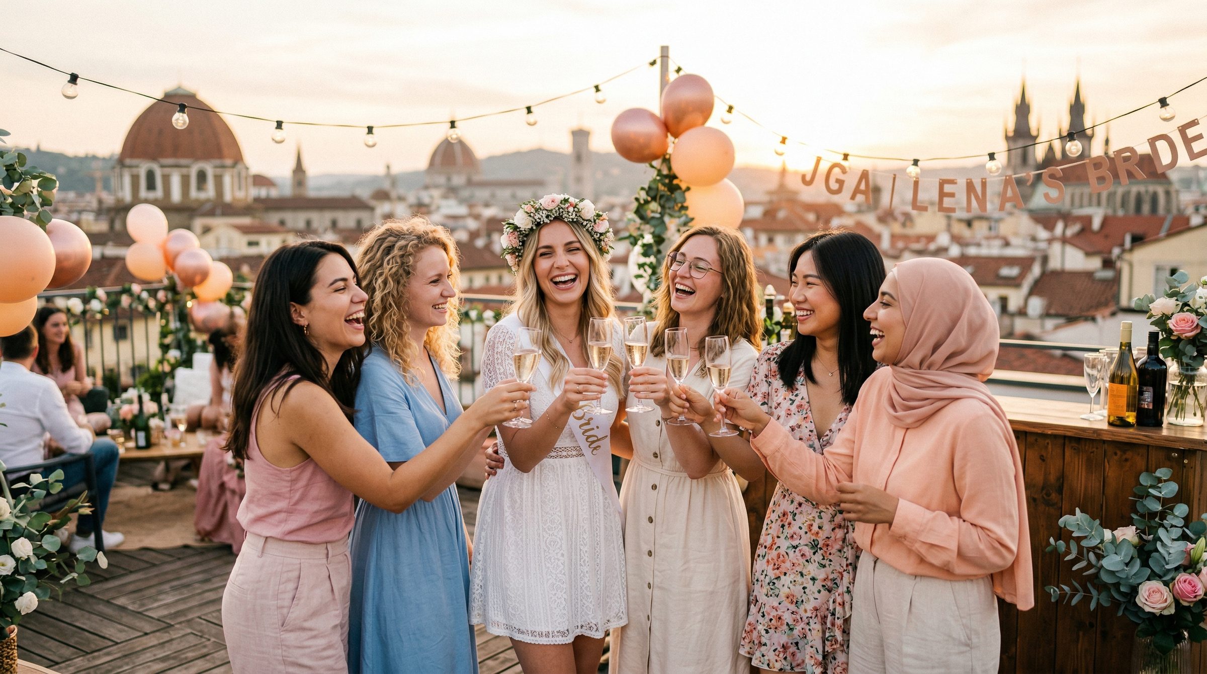Gruppe von Freundinnen feiert Junggesellinnenabschied auf einer Dachterrasse bei Sonnenuntergang