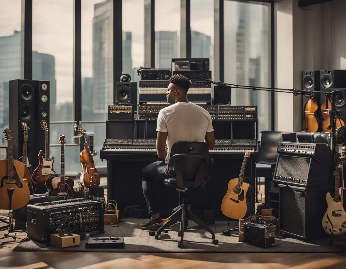 Ein Musiker sitzt an einem Schreibtisch, umgeben von Instrumenten und Aufnahmegeräten. Er konzentriert sich darauf, ein einzigartiges Lied für ein Unternehmen zu erstellen, mit dem Ziel, emotionale Verbindungen durch Musik hervorzurufen.